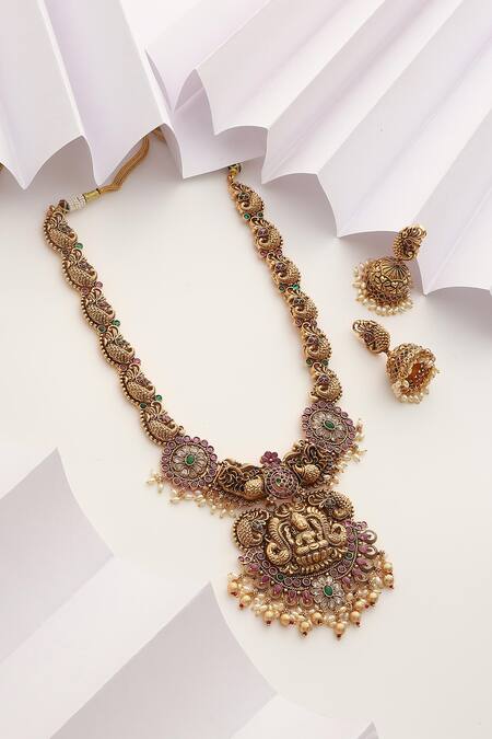 Shop SUIKALA Multi Color Stones Goddess Carved Motif Long Necklace Set at Aza Fashions Shop_SUIKALA_Multi Color Stones Goddess Carved Motif Long Necklace Set_at_Aza_Fashions
