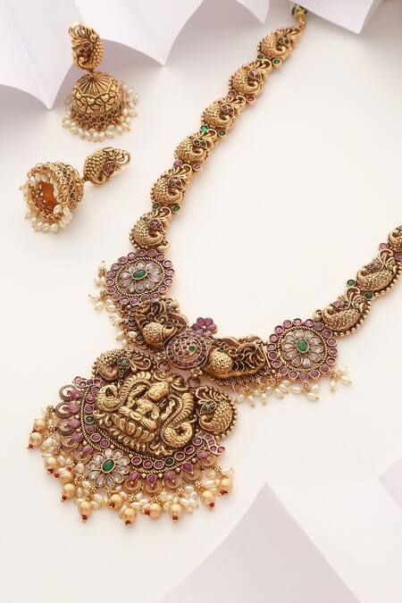 SUIKALA Multi Color Stones Goddess Carved Motif Long Necklace Set Online at Aza Fashions SUIKALA_Multi Color Stones Goddess Carved Motif Long Necklace Set_Online_at_Aza_Fashions