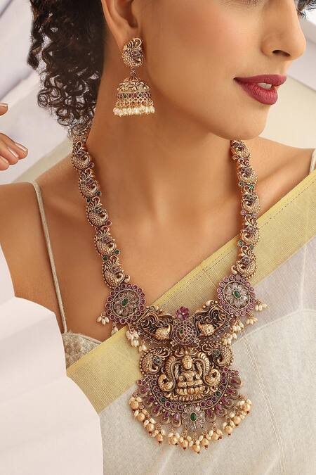 Buy SUIKALA Multi Color Stones Goddess Carved Motif Long Necklace Set Online at Aza Fashions Buy_SUIKALA_Multi Color Stones Goddess Carved Motif Long Necklace Set_Online_at_Aza_Fashions