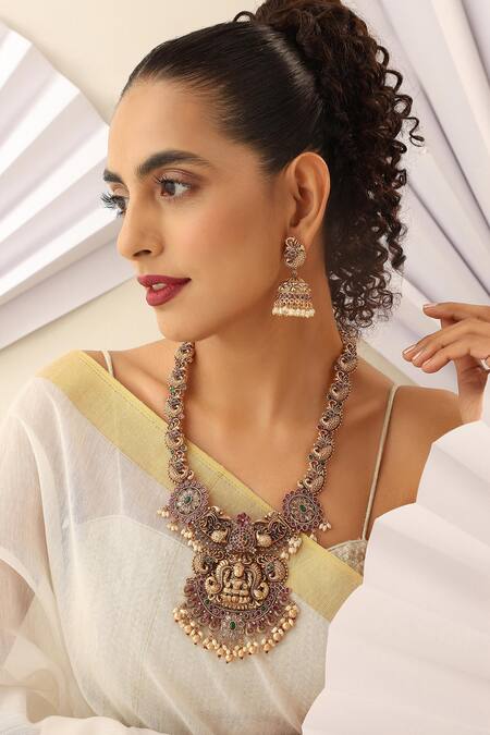 Shop SUIKALA Multi Color Stones Goddess Carved Motif Long Necklace Set Online at Aza Fashions Shop_SUIKALA_Multi Color Stones Goddess Carved Motif Long Necklace Set_Online_at_Aza_Fashions