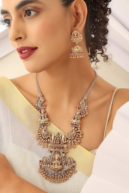 SUIKALA_Gold Plated Stones Goddess Lakshmi Carved Pendant Necklace Set_Online_at_Aza_Fashions