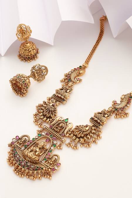 Buy_SUIKALA_Gold Plated Stones Goddess Lakshmi Carved Pendant Necklace Set_Online_at_Aza_Fashions