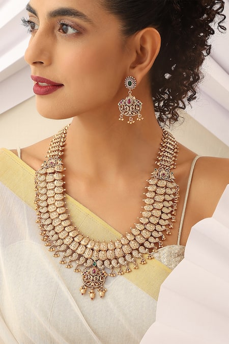 SUIKALA Gold Plated Stones Layered Motif Carved Necklace Set Online at Aza Fashions SUIKALA_Gold Plated Stones Layered Motif Carved Necklace Set _Online_at_Aza_Fashions