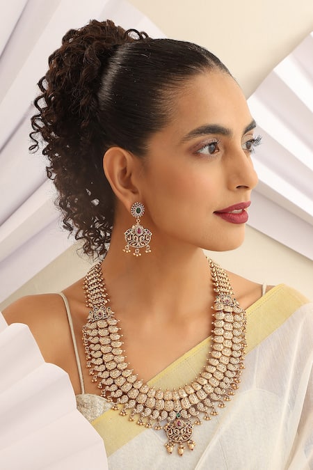 Shop SUIKALA Gold Plated Stones Layered Motif Carved Necklace Set Online at Aza Fashions Shop_SUIKALA_Gold Plated Stones Layered Motif Carved Necklace Set _Online_at_Aza_Fashions