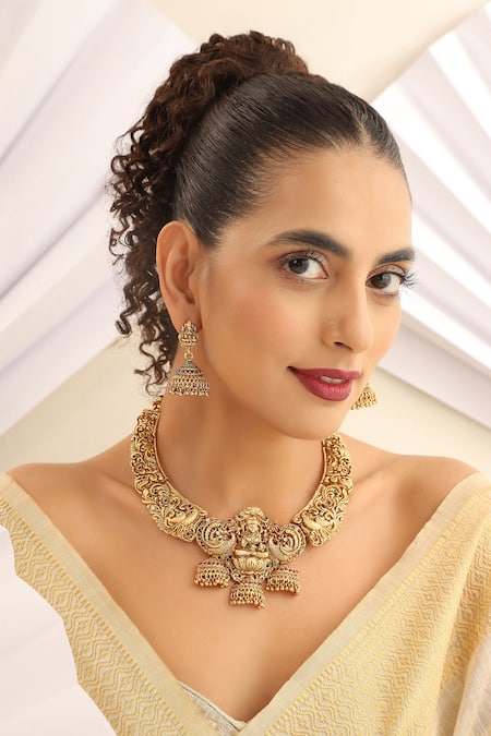 MUDRA LUXE Temple Carved Hasli Necklace Set 