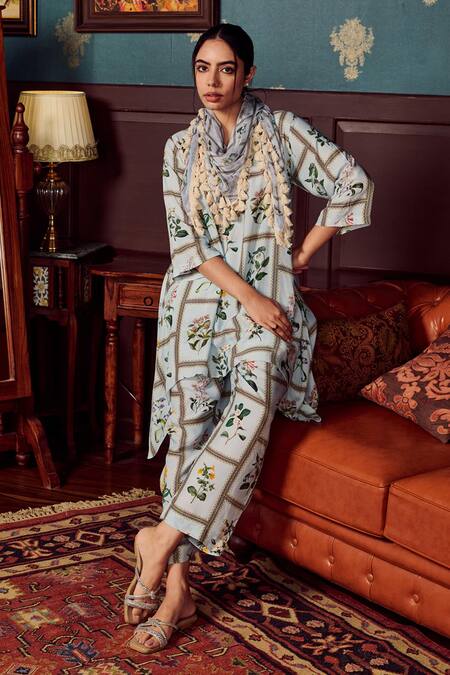 Buy Rainas Blue Chiffon, Cotton, Silk Collared Botanic Bloom Print Kurta Pant Set Online at Aza Fashions Buy_Rainas_Blue Chiffon, Cotton, Silk Collared Botanic Bloom Print Kurta Pant Set_Online_at_Aza_Fashions