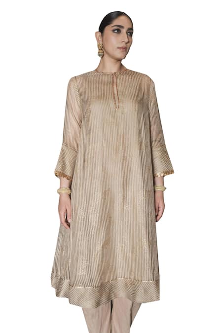 Shop Swatti Kapoor Gold Kurta Silk Organza Embroidered Gota Heer Trimmed Self Striped With Slip Online at Aza Fashions Shop_Swatti Kapoor_Gold Kurta Silk Organza Embroidered Gota Heer Trimmed Self Striped With Slip _Online_at_Aza_Fashions
