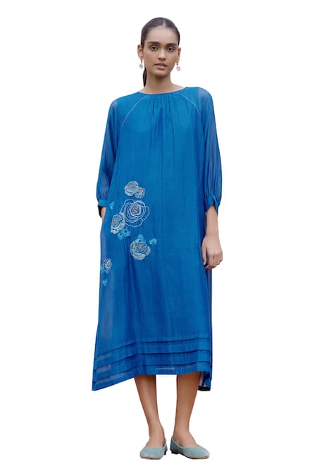 Vaayu_Blue Muslin, Cotton Embroidery Boat Neck Floral Thread Midi Dress_Online_at_Aza_Fashions