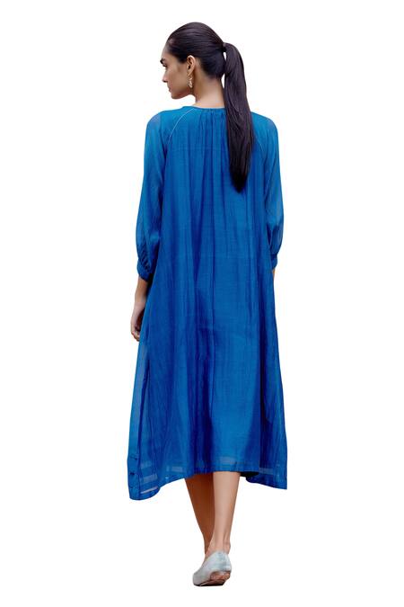 Shop_Vaayu_Blue Muslin, Cotton Embroidery Boat Neck Floral Thread Midi Dress_Online_at_Aza_Fashions