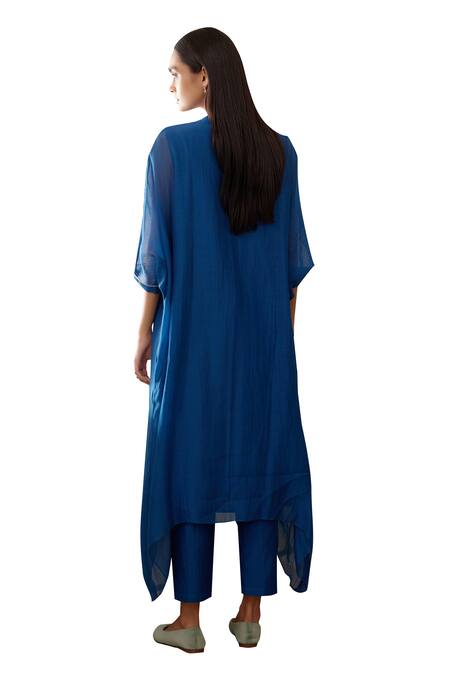 Vaayu Blue Muslin, Cotton Embroidery Floral Applique Work Asymmetric Kurta And Pant Set Online at Aza Fashions Vaayu_Blue Muslin, Cotton Embroidery Floral Applique Work Asymmetric Kurta And Pant Set_Online_at_Aza_Fashions