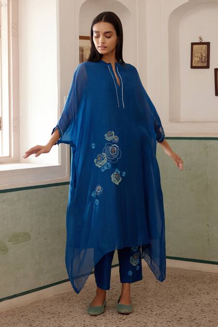 Shop Vaayu Blue Muslin, Cotton Embroidery Floral Applique Work Asymmetric Kurta And Pant Set Online at Aza Fashions Shop_Vaayu_Blue Muslin, Cotton Embroidery Floral Applique Work Asymmetric Kurta And Pant Set_Online_at_Aza_Fashions