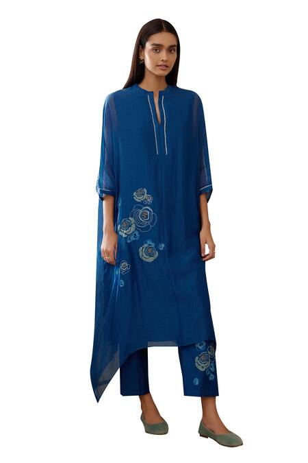 Vaayu Blue Muslin, Cotton Embroidery Floral Applique Work Asymmetric Kurta And Pant Set at Aza Fashions Vaayu_Blue Muslin, Cotton Embroidery Floral Applique Work Asymmetric Kurta And Pant Set_at_Aza_Fashions