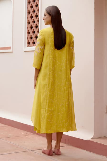 Shop Vaayu Yellow Muslin, Cotton Embroidery Round Neck Printed Floral Jacket Dress at Aza Fashions Shop_Vaayu_Yellow Muslin, Cotton Embroidery Round Neck Printed Floral Jacket Dress _at_Aza_Fashions