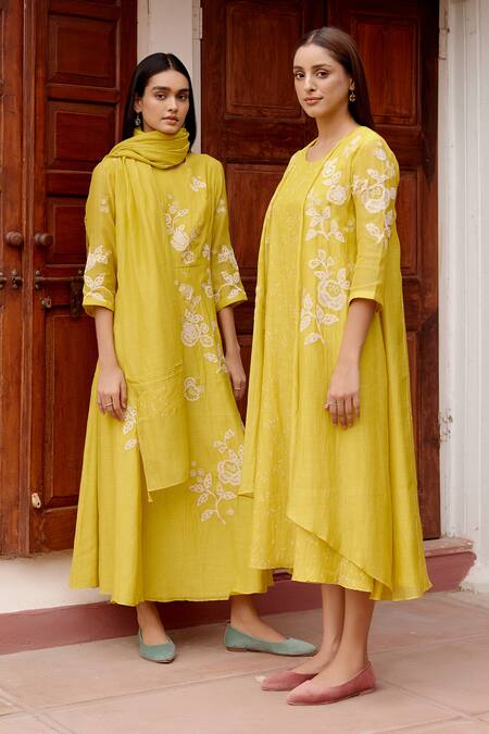 Vaayu Yellow Muslin, Cotton Embroidery Round Neck Printed Floral Jacket Dress Online at Aza Fashions Vaayu_Yellow Muslin, Cotton Embroidery Round Neck Printed Floral Jacket Dress _Online_at_Aza_Fashions