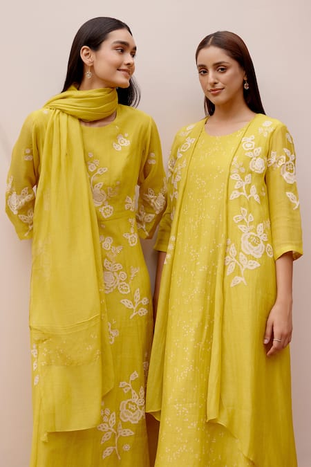 Buy Vaayu Yellow Muslin, Cotton Embroidery Round Neck Printed Floral Jacket Dress Online at Aza Fashions Buy_Vaayu_Yellow Muslin, Cotton Embroidery Round Neck Printed Floral Jacket Dress _Online_at_Aza_Fashions