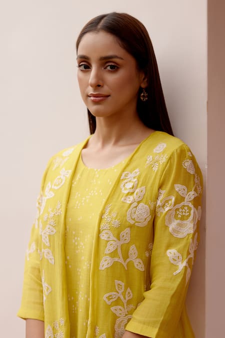 Shop Vaayu Yellow Muslin, Cotton Embroidery Round Neck Printed Floral Jacket Dress Online at Aza Fashions Shop_Vaayu_Yellow Muslin, Cotton Embroidery Round Neck Printed Floral Jacket Dress _Online_at_Aza_Fashions