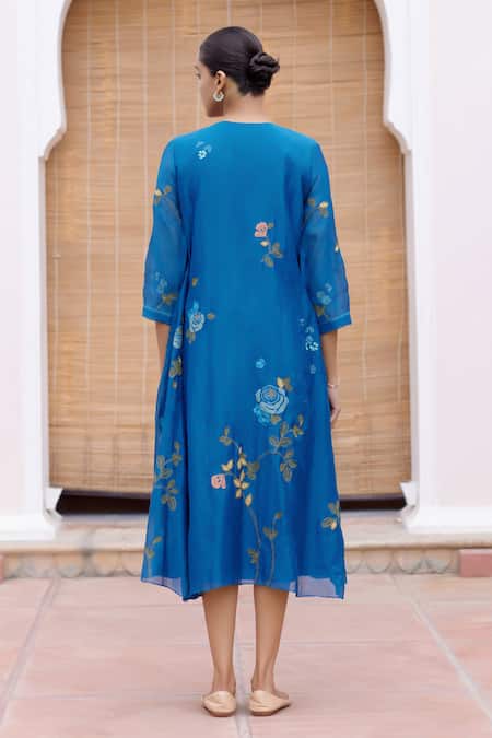 Shop Vaayu Blue Muslin, Cotton Embroidery Round Neck Floral Applique Work Jacket Dress at Aza Fashions Shop_Vaayu_Blue Muslin, Cotton Embroidery Round Neck Floral Applique Work Jacket Dress _at_Aza_Fashions