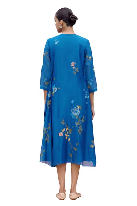 Vaayu Blue Muslin, Cotton Embroidery Round Neck Floral Applique Work Jacket Dress Online at Aza Fashions Vaayu_Blue Muslin, Cotton Embroidery Round Neck Floral Applique Work Jacket Dress _Online_at_Aza_Fashions