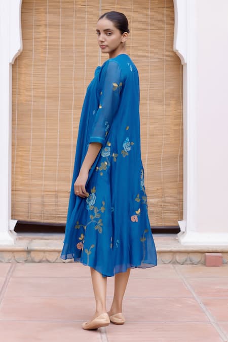 Buy Vaayu Blue Muslin, Cotton Embroidery Round Neck Floral Applique Work Jacket Dress Online at Aza Fashions Buy_Vaayu_Blue Muslin, Cotton Embroidery Round Neck Floral Applique Work Jacket Dress _Online_at_Aza_Fashions