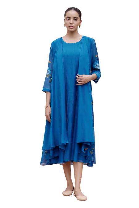 Shop Vaayu Blue Muslin, Cotton Embroidery Round Neck Floral Applique Work Jacket Dress Online at Aza Fashions Shop_Vaayu_Blue Muslin, Cotton Embroidery Round Neck Floral Applique Work Jacket Dress _Online_at_Aza_Fashions