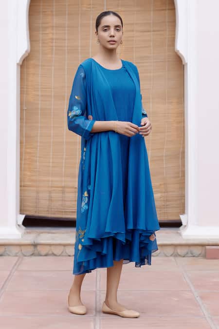 Vaayu Blue Muslin, Cotton Embroidery Round Neck Floral Applique Work Jacket Dress at Aza Fashions Vaayu_Blue Muslin, Cotton Embroidery Round Neck Floral Applique Work Jacket Dress _at_Aza_Fashions
