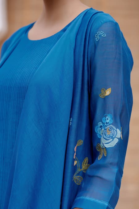 Shop Vaayu Blue Muslin, Cotton Embroidery Round Neck Floral Applique Work Jacket Dress Shop_Vaayu_Blue Muslin, Cotton Embroidery Round Neck Floral Applique Work Jacket Dress