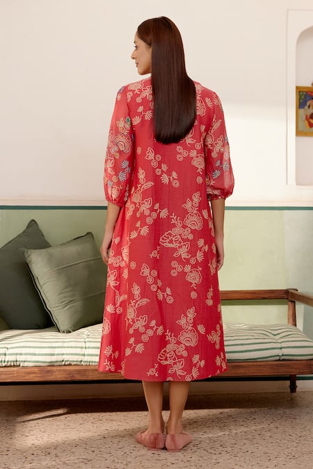 Shop Vaayu Pink Muslin, Cotton Embroidery V-neck Floral Print Midi Dress at Aza Fashions Shop_Vaayu_Pink Muslin, Cotton Embroidery V-neck Floral Print Midi Dress _at_Aza_Fashions