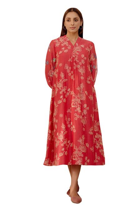 Vaayu Pink Muslin, Cotton Embroidery V-neck Floral Print Midi Dress Online at Aza Fashions Vaayu_Pink Muslin, Cotton Embroidery V-neck Floral Print Midi Dress _Online_at_Aza_Fashions