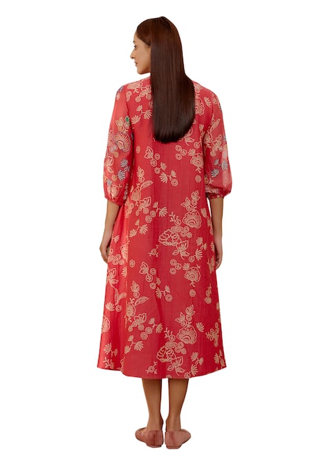 Shop Vaayu Pink Muslin, Cotton Embroidery V-neck Floral Print Midi Dress Online at Aza Fashions Shop_Vaayu_Pink Muslin, Cotton Embroidery V-neck Floral Print Midi Dress _Online_at_Aza_Fashions