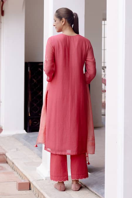 Shop Vaayu Pink Muslin, Cotton Embroidery Round Neck Floral Applique Kurta And Pant Set at Aza Fashions Shop_Vaayu_Pink Muslin, Cotton Embroidery Round Neck Floral Applique Kurta And Pant Set _at_Aza_Fashions