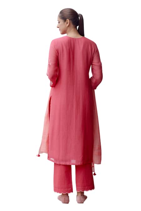Vaayu Pink Muslin, Cotton Embroidery Round Neck Floral Applique Kurta And Pant Set at Aza Fashions Vaayu_Pink Muslin, Cotton Embroidery Round Neck Floral Applique Kurta And Pant Set _at_Aza_Fashions