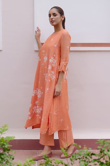 Buy_Vaayu_Peach Muslin, Cotton Embroidery Round Neck Floral Thread Dress _Online_at_Aza_Fashions