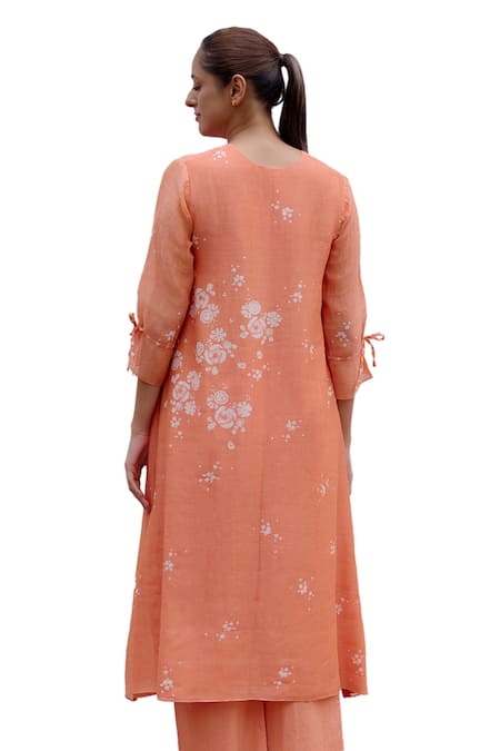 Shop_Vaayu_Peach Muslin, Cotton Embroidery Round Neck Floral Thread Dress _Online_at_Aza_Fashions