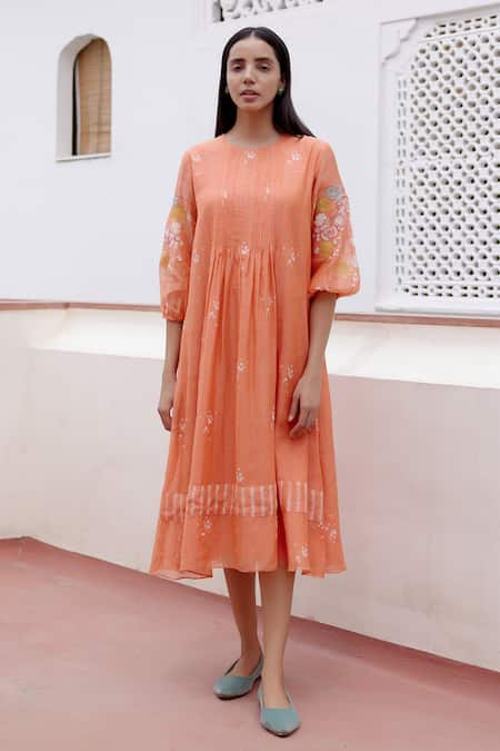 Vaayu Peach Muslin Cotton Embroidered Floral Applique Round Dress 