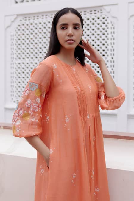 Buy_Vaayu_Peach Muslin, Cotton Embroidery Round Neck Floral Applique Dress_Online_at_Aza_Fashions
