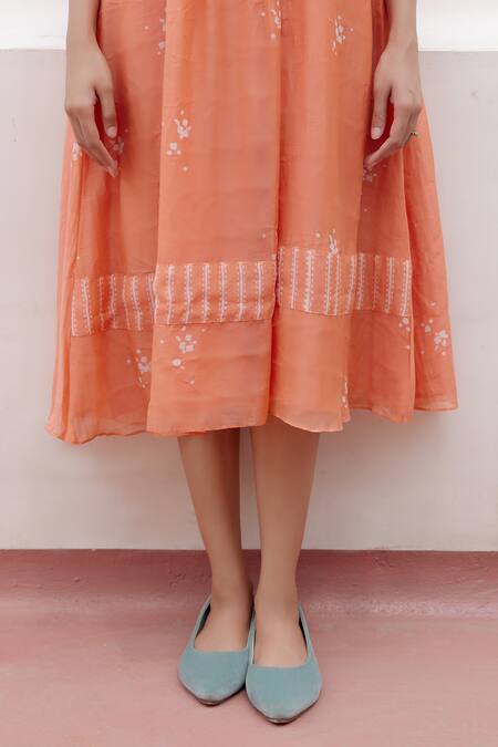 Buy_Vaayu_Peach Muslin, Cotton Embroidery Round Neck Floral Applique Dress