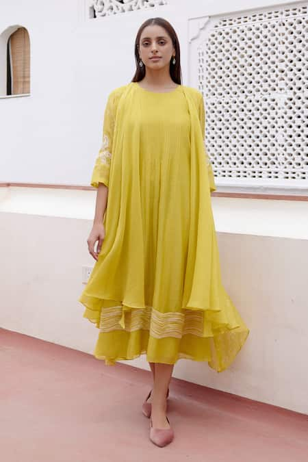 Vaayu Yellow Muslin Cotton Embroidered Floral Round Jacket Dress 