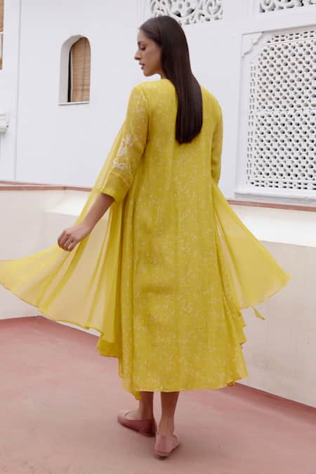 Shop Vaayu Yellow Muslin, Cotton Embroidery Round Neck Floral Jacket Dress at Aza Fashions Shop_Vaayu_Yellow Muslin, Cotton Embroidery Round Neck Floral Jacket Dress _at_Aza_Fashions
