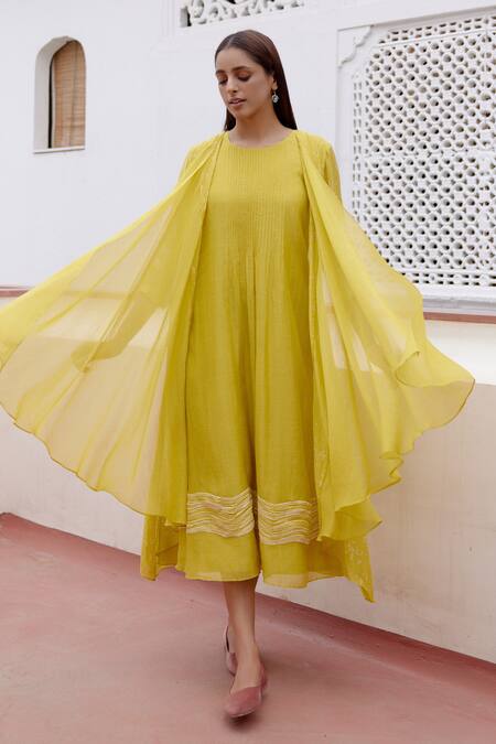 Vaayu Yellow Muslin, Cotton Embroidery Round Neck Floral Jacket Dress Online at Aza Fashions Vaayu_Yellow Muslin, Cotton Embroidery Round Neck Floral Jacket Dress _Online_at_Aza_Fashions