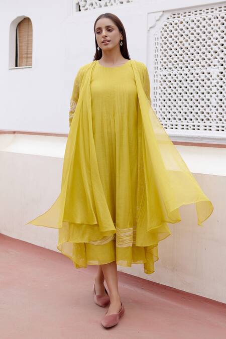 Buy Vaayu Yellow Muslin, Cotton Embroidery Round Neck Floral Jacket Dress Online at Aza Fashions Buy_Vaayu_Yellow Muslin, Cotton Embroidery Round Neck Floral Jacket Dress _Online_at_Aza_Fashions