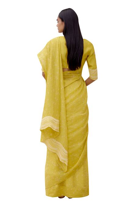 Vaayu_Yellow Muslin Cotton Embroidered Applique Citrine Printed Saree With Blouse_Online_at_Aza_Fashions