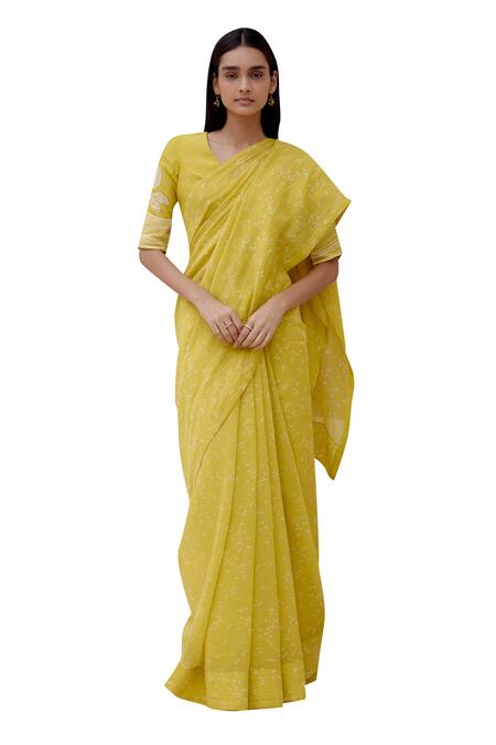 Buy_Vaayu_Yellow Muslin Cotton Embroidered Applique Citrine Printed Saree With Blouse_Online_at_Aza_Fashions
