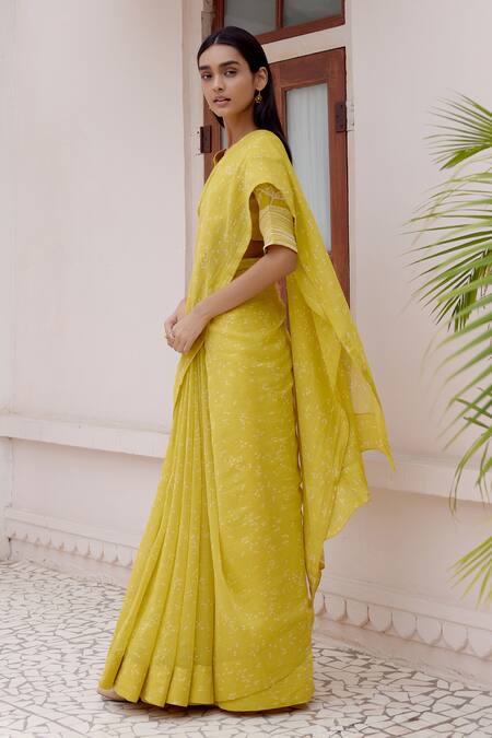 Shop_Vaayu_Yellow Muslin Cotton Embroidered Applique Citrine Printed Saree With Blouse_Online_at_Aza_Fashions