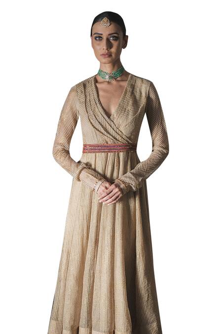 Buy Swatti Kapoor Gold Silk Organza Foil Printed V Neck Ekkam Woven Striped Anarkali Buy_Swatti Kapoor_Gold Silk Organza Foil Printed V Neck Ekkam Woven Striped Anarkali