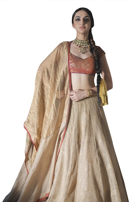 Swatti Kapoor Gold , Silk Organza, Handloom Indo Handwoven Striped Skirt at Aza Fashions Swatti Kapoor_Gold , Silk Organza, Handloom Indo Handwoven Striped Skirt _at_Aza_Fashions