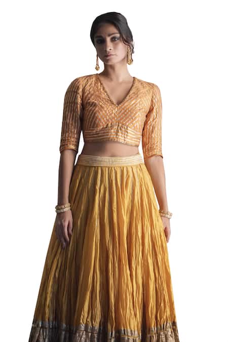Shop_Swatti Kapoor_Yellow Hand Woven Chanderi 60gm Gota Lace Gathered Tisha Skirt _Online_at_Aza_Fashions