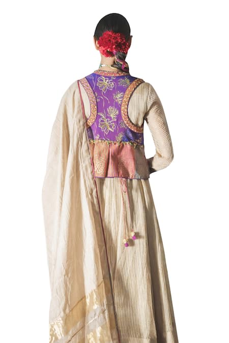 Buy Swatti Kapoor Purple Handwoven Yarn Dyed Silk Print Foil Hand Block Kushan Gilet Buy_Swatti Kapoor_Purple Handwoven Yarn Dyed Silk Print Foil Hand Block Kushan Gilet
