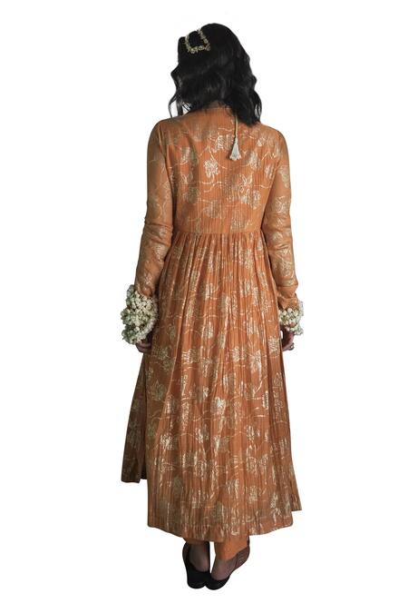Buy Swatti Kapoor Orange Hand Woven 40gm Chanderi Printed Foil Round Block Rewa Anarkali Buy_Swatti Kapoor_Orange Hand Woven 40gm Chanderi Printed Foil Round Block Rewa Anarkali