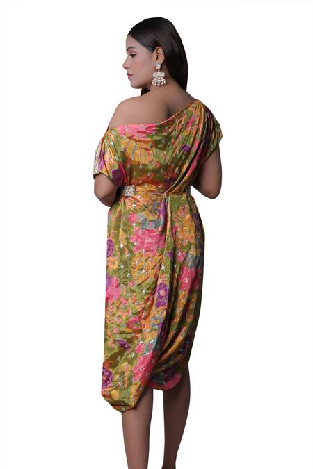 Shop_Meghna Shah_Multi Color Chinon Printed Floral Asymmetric Draped Dress 