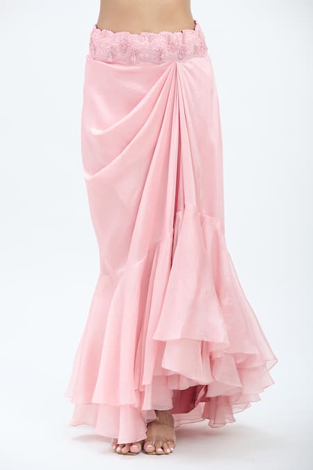 Buy_Minaxi Dadoo_Pink Silk Sequins, Embroidery Round Neck Flower Cape Ruffled Skirt Set _Online_at_Aza_Fashions